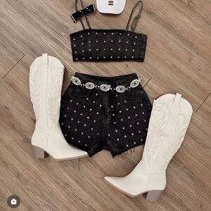 Black Star-Studded Denim crop TOP ONLY